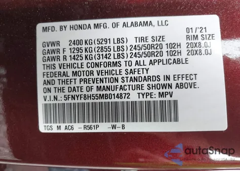 2021 Honda Passport Awd Ex-L from USA, damaged, VIN 5FNYF8H55MB014872